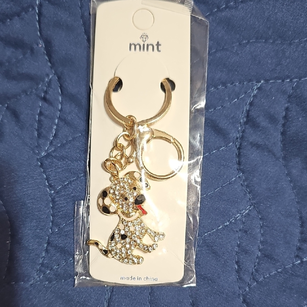 Mint Sparkling Gold & Rhinestone Dog Keychain Bag Charm New